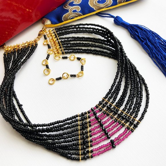 Pink and black wide collar choker, accent multi strand choker necklace OOAK - Picture 3 of 10